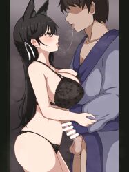 Rule 34 | 1boy, 1girl, after kiss, animal ear fluff, animal ears, atago (azur lane), azur lane, bar censor, bare arms, black bra, black hair, black panties, blush, bra, breast press, breasts, brown eyes, brown hair, censored, cowboy shot, erection, faceless, faceless male, floral print, from side, furrowed brow, hair ribbon, half updo, hand on another&#039;s arm, height difference, hetero, japanese clothes, kimono, large breasts, lingerie, long hair, looking at another, looking up, milliani, mole, mole under eye, naked kimono, open mouth, panties, penis, penis on stomach, print bra, purple kimono, ribbon, saliva, saliva trail, short hair, standing, steam, straight hair, strap gap, testicles, tongue, tongue out, underwear, underwear only, very short hair, waist grab, white ribbon
