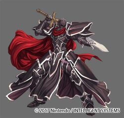 Rule 34 | 1boy, armor, black footwear, black knight (fire emblem), cape, company name, dated, facing viewer, fire emblem, fire emblem heroes, full body, gauntlets, grey background, helmet, izuka daisuke, nintendo, official art, red cape, simple background, solo, standing, sword, weapon