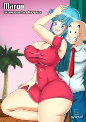 Rule 34 | 1boy, 1girl, ass, bare legs, blue eyes, blue hair, bluegraves, breasts, cleavage, clothes lift, couple, curvy, dragon ball, dragonball z, dress, dress lift, green hair, huge ass, huge breasts, kuririn, maron (dragon ball), one eye closed, red dress, sexually suggestive, shiny skin, short dress, size difference, smile, thick thighs, thighs, wide hips, wink