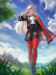 Rule 34 | 1girl, ascot, black footwear, blue sky, cape, closed mouth, cloud, commentary, day, edelgard von hresvelg, emknov, english commentary, fire emblem, fire emblem: three houses, floating hair, forehead, garreg mach monastery uniform, gloves, grass, hair ribbon, highres, leaf, lips, long hair, long sleeves, looking away, nintendo, outdoors, pantyhose, pink lips, purple eyes, purple ribbon, red cape, red pantyhose, ribbon, sky, solo, tree, walking, white ascot, white gloves, white hair