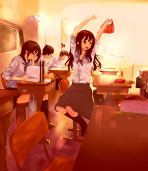 Rule 34 | 2boys, 2girls, \o/, arms up, brown hair, head rest, classroom, derivative work, glasses, indoors, long hair, multiple boys, multiple girls, open mouth, original, outstretched arms, peeking, photo-referenced, school, school uniform, sepia, short hair, sitting, skirt, stretching, sunlight, sunset, tsukino hp, window