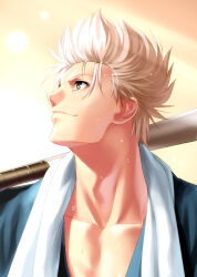 Rule 34 | 1boy, baseball bat, blue kimono, brown eyes, close-up, closed mouth, collarbone, commentary request, grey hair, japanese clothes, kimono, lips, little busters!, looking afar, miyazawa kengo, nose, orange background, profile, short hair, sidelighting, simple background, smile, solo, spiked hair, sunset, sweat, towel, towel around neck, v-shaped eyebrows, zen (kamuro)