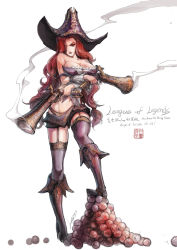 Rule 34 | 1girl, bare shoulders, boots, breasts, brown eyes, cannonball, cleavage, full body, garter belt, garter straps, gun, hair over one eye, handgun, hat, high heels, highres, large breasts, league of legends, loiza, long hair, looking at viewer, miss fortune (league of legends), navel, pistol, red hair, signature, simple background, solo, watermark, weapon, web address, white background
