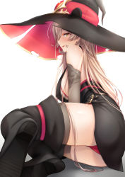 Rule 34 | 1girl, absurdres, arm support, ass, bad id, bad pixiv id, bare shoulders, black dress, black thighhighs, blonde hair, boots, breasts, brown gloves, brown thighhighs, dress, elbow gloves, fang, gem, gloves, hair between eyes, hat, highres, large breasts, long hair, looking at viewer, looking back, nijisanji, nui sociere, nui sociere (1st costume), open mouth, panties, red panties, short dress, sideboob, sitting, smile, solo, sonoji ( sonoji), thighhighs, thighhighs under boots, thighs, torn clothes, torn hat, underwear, very long hair, virtual youtuber, white background, witch, witch hat, yellow eyes, yokozuwari