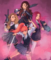 Rule 34 | 4girls, animification, black choker, blackpink, blunt bangs, brown hair, choker, collared shirt, colored smoke, commentary, copyright name, earrings, english commentary, glint, gun, highres, holding, holding gun, holding sword, holding weapon, hoop earrings, instagram username, itslopezz, jennie (blackpink), jewelry, jisoo (blackpink), k-pop, light brown hair, lisa (blackpink), long hair, looking at viewer, looking to the side, multiple girls, necklace, necktie, pearl necklace, pink hair, pink lips, ponytail, real life, rose (blackpink), sheath, shirt, shorts, skirt, smile, smoke, sword, unsheathing, weapon, white shirt