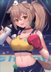 Rule 34 | :d, animal ears, blush, bone hair ornament, bottle, boxing gloves, breasts, brown eyes, brown hair, dog ears, dog girl, dog tail, hair between eyes, hair ornament, highres, holding, holding bottle, hololive, inugami korone, large breasts, long hair, midriff, nail polish, navel, open mouth, ponytail, smile, sports bra, squeeze bottle, sweat, tail, uneg, virtual youtuber, yellow nails, yellow sports bra