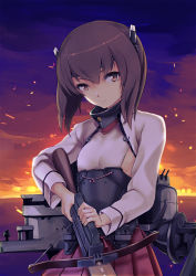 Rule 34 | 10s, 1girl, anti-aircraft, anti-aircraft gun, blush, bow (weapon), brown eyes, brown hair, crossbow, fire, flat chest, headband, headgear, infinote, kantai collection, looking at viewer, night, open mouth, personification, pleated skirt, short hair, skirt, solo, taihou (kancolle), weapon