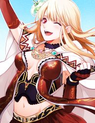 Rule 34 | 1girl, arm up, blonde hair, blue background, blush, cape, clenched hand, dress, fina (ffbe), final fantasy, final fantasy brave exvius, fingerless gloves, flower, gloves, hair flower, hair ornament, happy, jewelry, jumping, long hair, midriff, navel, necklace, one eye closed, open mouth, red dress, red skirt, skirt, tarutaru yamaoka, white cape