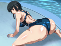 Rule 34 | 1girl, all fours, ass, back, black hair, breasts, brown eyes, competition swimsuit, curvy, female focus, food, from behind, fruit, huge ass, large breasts, long hair, looking at viewer, looking back, monteriakitto, one-piece swimsuit, open mouth, orange (fruit), original, poolside, red eyes, shiny skin, solo, swimsuit, thick thighs, thighs, wide hips