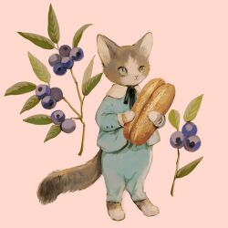 Rule 34 | absurdres, animal, animal focus, baguette, blue jacket, blue pants, blue ribbon, blueberry, bread, cat, clothed animal, collared jacket, commentary request, food, fruit, highres, holding, holding food, jacket, leaf, long sleeves, neck ribbon, no humans, original, pants, pink background, ribbon, simple background, solo, standing, tono (rt0no)