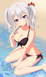 Rule 34 | 10s, 1girl, absurdres, arm support, beach, bikini, breasts, cleavage, collarbone, front-tie bikini top, front-tie top, grey eyes, head tilt, highres, kantai collection, kashima (kancolle), ko neko sa, ocean, outdoors, partially submerged, side-tie bikini bottom, side-tie bottom, silver hair, sitting, smile, solo, strap gap, strap pull, swimsuit, twintails, wariza, water, xiaosamiao
