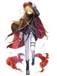 Rule 34 | 1boy, belt, belt buckle, belt collar, black belt, black footwear, black jacket, blonde hair, boots, brown cape, buckle, cape, collar, cowboy hat, epaulettes, food fantasy, full body, glint, gloves, grey eyes, grin, gun, hair between eyes, hair bun, hair ribbon, hand on headwear, hand up, hat, high collar, highres, holding, holding gun, holding weapon, jacket, long hair, male focus, official art, pants, red ribbon, ribbon, sideways glance, single hair bun, smile, smoke, solo, standing, tequila (food fantasy), thigh strap, third-party source, transparent background, two-sided fabric, weapon, white gloves, white pants