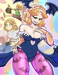 ! !! 1boy 1girl artist_name bat_wings blonde_hair breasts capcom cleavage controller cosplay covered_navel curvy demon_girl denim elf fingerless_gloves game_controller gloves green_eyes hand_on_own_chest hand_on_own_hip happy highres jeans jumping large_breasts legs leotard link morrigan_aensland nintendo open_mouth pants playing_games pointy_ears princess_zelda princess_zelda_(botw) shirt short_hair shorts sitting smile teeth the_legend_of_zelda the_legend_of_zelda:_breath_of_the_wild thighs tongue vampire_(game) wings