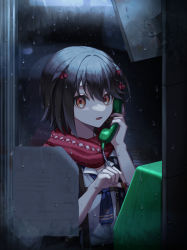 Rule 34 | 1boy, 39 iduki, androgynous, bow, brown hair, cable, hair ornament, hairclip, highres, looking to the side, mashiro meme, nail polish, nijisanji, pale skin, phone, phone booth, rain, scarf, solo, staple, virtual youtuber, water drop, wire, yellow eyes