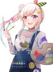 Rule 34 | 1girl, airani iofifteen, airani iofifteen (1st costume), blue overalls, bow, buttons, collarbone, gradient hair, hair behind ear, hair bow, hair bun, highres, holding, holding paintbrush, hololive, hololive indonesia, looking at viewer, multicolored hair, off-shoulder shirt, off shoulder, open mouth, overalls, paint in hair, paint on body, paint on clothes, paint splatter, paint splatter on face, paint tube, paintbrush, palette (object), palette hair ornament, pink hair, print shirt, purple eyes, scrunchie, shirt, shuuzo3, side bun, sidelocks, single side bun, smile, solo, virtual youtuber, white background, white shirt