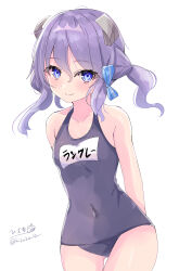 Rule 34 | 1girl, absurdres, blue eyes, blue one-piece swimsuit, blush, covered navel, gluteal fold, hair ornament, hair ribbon, highres, hizaka, kantai collection, langley (kancolle), looking at viewer, medium hair, name tag, old school swimsuit, one-piece swimsuit, purple hair, ribbon, school swimsuit, short hair, signature, simple background, smile, solo, swimsuit, swimsuit under clothes, twitter username, white background
