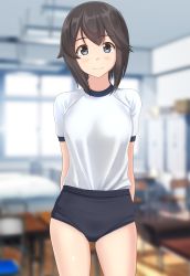 Rule 34 | 1girl, absurdres, alternate costume, arms behind back, black buruma, black hair, blurry, buruma, classroom, commentary request, contrapposto, cowboy shot, depth of field, gym uniform, hayasui (kancolle), highres, indoors, kantai collection, looking at viewer, shirt, short hair, grey eyes, solo, standing, t-shirt, takafumi, white shirt