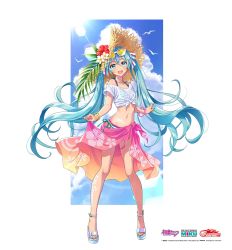 Rule 34 | 1girl, :d, ankle strap, aqua eyes, aqua hair, aqua nails, artist request, bangle, bikini, bikini under clothes, bird, bracelet, buckle, cloud, commentary request, eyewear on head, fingernails, floating hair, floral print, flower, full body, glowing, goodsmile racing, gradient clothes, gradient sarong, hair between eyes, hair ribbon, halftone, halterneck, hat, hat flower, hatsune miku, hibiscus, highres, jewelry, lens flare, logo, long hair, looking at viewer, microphone, midriff, multicolored sarong, nail polish, navel, official alternate costume, official art, open mouth, pink bikini, platform footwear, plumeria, racing miku, red flower, ribbon, sandals, sarong, second-party source, see-through, shirt, short sleeves, side-tie bikini bottom, skirt hold, smile, solo, standing, stomach, straw hat, striped bikini, striped clothes, striped ribbon, sun, sun hat, sunglasses, sunlight, swimsuit, tan, tattoo, teeth, tied shirt, tinted eyewear, toenail polish, toenails, twintails, upper teeth only, very long hair, vocaloid, watermark, white flower, white shirt