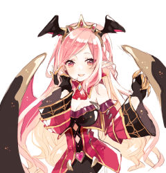 Rule 34 | 1girl, :d, black gloves, black wings, blush, braid, breasts, brown eyes, cleavage, collar, commentary request, copyright request, detached collar, dress, fang, gloves, head wings, heart, highres, kikka (kicca choco), long hair, long sleeves, looking at viewer, medium breasts, open mouth, pink collar, pink dress, pink hair, pink wings, sidelocks, simple background, sketch, smile, solo, tiara, very long hair, white background, wide sleeves, wings