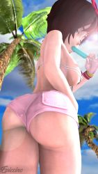 Rule 34 | 1girl, 3d, absurdres, artist name, ass, ass focus, bikini, bikini top only, breasts, epiccino, food, grey eyes, highres, huge ass, large breasts, looking back, palm tree, popsicle, ruby rose, rwby, short hair, short shorts, shorts, sky, solo, sunglasses on head, swimsuit, thighs, tree