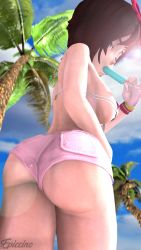 1girl 3d absurdres artist_name ass ass_focus bikini bikini_top_only breasts epiccino food grey_eyes highres huge_ass large_breasts looking_back palm_tree popsicle ruby_rose rwby short_hair short_shorts shorts sky solo sunglasses_on_head swimsuit thighs tree