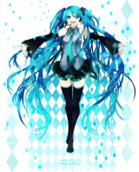 Rule 34 | 1girl, aqua eyes, aqua hair, argyle, argyle background, argyle clothes, bad id, bad pixiv id, black thighhighs, buzz (moi), detached sleeves, hatsune miku, long hair, necktie, open mouth, outstretched arms, skirt, smile, solo, spread arms, thighhighs, twintails, very long hair, vocaloid, zettai ryouiki