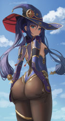 Rule 34 | 1girl, absurdres, aqua eyes, ass, ass grab, ass support, backboob, black gloves, black hair, black pantyhose, blue sky, breasts, cloud, cowboy shot, day, earrings, from behind, genshin impact, gloves, gold trim, grabbing own ass, hair ornament, hat, hat ornament, highres, jewelry, leotard, long hair, looking at viewer, looking back, medium breasts, mona (genshin impact), onedoo, pantyhose, purple hat, shade, sky, solo, twintails, vision (genshin impact), witch hat