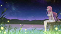 Rule 34 | 1girl, barefoot, blush, closed mouth, cloud, commission, dress, erendira, food-themed hair ornament, hair ornament, highres, indie virtual youtuber, lake, long hair, looking up, night, outdoors, pink hair, red eyes, red ribbon, rei no himo, ribbon, shooting star, short dress, sky, sleeveless, sleeveless dress, smile, soaking feet, solo, spaghetti strap, star (sky), starry sky, strawberry hair ornament, sundress, twin (tt lsh), very long hair, virtual youtuber, white dress