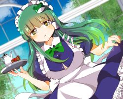 Rule 34 | 1girl, alternate costume, blue dress, blush, bow, bowtie, breasts, cleavage, closed mouth, cowboy shot, day, dress, dutch angle, enmaided, frog hair ornament, green bow, green bowtie, green eyes, green hair, hair ornament, highres, holding, holding tray, kochiya sanae, large breasts, light smile, long hair, looking at viewer, maid, sidelocks, skirt hold, snake hair ornament, solo, teapot, touhou, tray, zerokosan