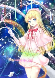 Rule 34 | 1girl, bass clef, beamed semiquavers, blonde hair, blue eyes, bow, bowtie, capelet, cloud, cowboy shot, crotchet rest, diffraction spikes, dress, flat sign, fur-trimmed capelet, fur-trimmed dress, fur trim, fuuro (johnsonwade), gloves, hat, highres, holding, holding wand, lens flare, long hair, long sleeves, musical note, original, parted lips, pink dress, pom pom (clothes), quaver, red bow, red bowtie, sharp sign, sky, snowflakes, snowing, solo, sparkle, staff (music), star (sky), starry sky, treble clef, very long hair, wand, white gloves