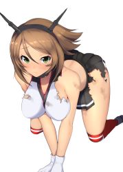 Rule 34 | 10s, 1girl, all fours, bare shoulders, blush, breasts, brown hair, gloves, green eyes, headgear, kantai collection, large breasts, looking at viewer, mataro (matarou), midriff, mutsu (kancolle), red thighhighs, short hair, skirt, solo, thighhighs, torn clothes, torn skirt, transparent background, white background, white gloves