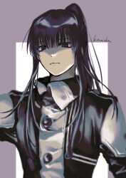 Rule 34 | 1boy, black hair, black order uniform, character name, closed mouth, coat, commentary request, d.gray-man, expressionless, hair between eyes, high ponytail, highres, kanda yuu, long bangs, long hair, looking at viewer, male focus, nemui draw, partially shaded face, purple background, sketch, solo, two-tone background, upper body, white background