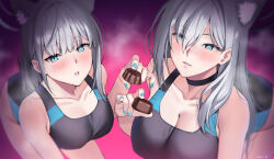 Rule 34 | 2girls, animal ears, black choker, black one-piece swimsuit, blue archive, blue eyes, blue nails, breasts, chocolate, choker, cleavage, collarbone, commentary request, competition swimsuit, cosplay, deras, dual persona, fingernails, food, grey hair, highres, holding, holding chocolate, holding food, large breasts, looking at viewer, medium hair, multiple girls, nail polish, official alternate costume, one-piece swimsuit, parted lips, shiroko (blue archive), shiroko (swimsuit) (blue archive), shiroko (swimsuit) (blue archive) (cosplay), shiroko terror (blue archive), smile, swimsuit, twitter username, valentine