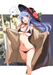 Rule 34 | 1girl, ^^^, bikini, black bikini, black choker, black headwear, blue hair, breasts, choker, commentary request, eighth note, feet out of frame, food, fruit, groin, highres, hinanawi tenshi, leaf, long hair, looking at viewer, medium breasts, musical note, navel, open mouth, peach, red eyes, sidelocks, solo, spoken musical note, standing, stomach, swimsuit, tetsurou (fe+), thighs, touhou