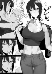 Rule 34 | 1boy, 1girl, absurdres, black hair, camisole, denim, faceless, faceless male, greyscale, hand on another&#039;s chin, height difference, highres, jacket, jacket on shoulders, jeans, kyoyakyo, licking, licking finger, midriff, monochrome, navel, original, pants, short hair, tall female