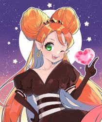 Rule 34 | 1girl, ;d, absurdres, blush, chocolat meilleure, crystal, double bun, dress, earrings, elbow gloves, fangs, gloves, green eyes, hair bun, hand on own hip, hand up, highres, hoop earrings, index finger raised, jewelry, kareimochi, long hair, magical girl, night, night sky, one eye closed, open mouth, orange hair, outline, plunging neckline, pointy ears, puffy short sleeves, puffy sleeves, short sleeves, sky, smile, solo, star (sky), starry sky, striped clothes, striped dress, sugar sugar rune, tiara, v-shaped eyebrows, very long hair, white outline