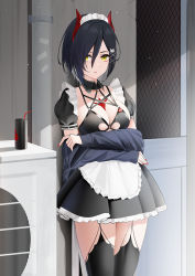 Rule 34 | 1girl, air conditioner, apron, azur lane, bikini, black bikini, black hair, black thighhighs, breasts, cleavage, commentary request, cowboy shot, crossed arms, detached collar, frilled hairband, frills, hairband, highres, horns, looking at viewer, maid, maid apron, maid bikini, maid headdress, medium breasts, official alternate costume, parted lips, puffy short sleeves, puffy sleeves, qing wu, red horns, short hair, short sleeves, solo, swimsuit, thighhighs, thighs, ulrich von hutten (azur lane), ulrich von hutten (mayhem maid) (azur lane), unconventional maid, yellow eyes