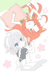 Rule 34 | 2girls, ahoge, animal ears, apron, bare arms, bell, blue dress, blue eyes, blush stickers, bow, bowtie, braid, cat ears, cat tail, chitose (usacan), closed eyes, commentary request, dress, flat color, green bow, green dress, hair between eyes, hair bow, hand up, holding, holding pillow, hong meiling, izayoi sakuya, jingle bell, kemonomimi mode, long hair, maid, maid apron, maid headdress, multiple girls, no headwear, no nose, parted lips, pillow, polka dot, polka dot pillow, red bow, red hair, red neckwear, red sash, sash, short hair, silver hair, simple background, sleeping, tail, touhou, twin braids, unmoving pattern, upside-down, v-shaped eyebrows, white apron, white background, white bow