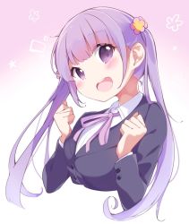 Rule 34 | 10s, 1girl, blush, breasts, chikuwa., cropped torso, flower, formal, gradient background, hair flower, hair ornament, hands up, long hair, looking at viewer, medium breasts, new game!, open mouth, purple background, purple eyes, purple flower, purple hair, smile, solo, suit, suzukaze aoba, teeth, twintails, upper body
