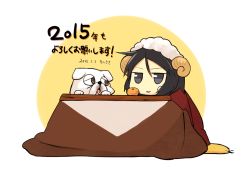 Rule 34 | 10s, 1girl, 2015, animal, animal costume, black eyes, black hair, brave witches, bulldog, chinese zodiac, dated, dog, hanten (clothes), horns, kanno naoe, kinosaki (green patio), kotatsu, new year, sheep costume, sheep horns, short hair, simple background, solo, strike witches, table, world witches series, year of the goat