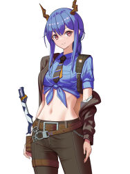 Rule 34 | 1girl, absurdres, arknights, belt, black jacket, black necktie, black pants, blue hair, blue shirt, brown belt, ch&#039;en (after storm) (arknights), ch&#039;en (arknights), chain, commentary request, cowboy shot, dragon horns, highres, horns, ikutachi, jacket, long hair, looking at viewer, midriff, navel, necktie, off shoulder, official alternate costume, pants, pink eyes, shirt, simple background, smile, solo, standing, stomach, thigh strap, thighs, tied shirt, white background