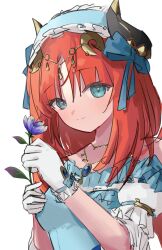 Rule 34 | 1girl, absurdres, blue dress, blue eyes, blue flower, blue gemstone, blue ribbon, closed mouth, dress, e6imay0, fake horns, flower, gem, genshin impact, gloves, hair ribbon, hands up, highres, holding, holding flower, horns, jewelry, long hair, looking at viewer, necklace, nilou (genshin impact), nilou (gigo) (genshin impact), official alternate costume, red hair, ribbon, short sleeves, simple background, smile, solo, upper body, white background, white gloves