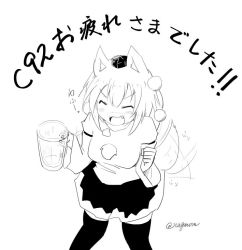 Rule 34 | 1girl, animal ears, arms at sides, beer mug, black skirt, black thighhighs, blush stickers, breasts, closed eyes, cup, foam mustache, greyscale, hands up, hat, inubashiri momiji, leaning forward, monochrome, mug, open mouth, pom pom (clothes), sigh, simple background, skirt, tail, tail wagging, taurine 8000mg, thighhighs, tokin hat, touhou, translation request, twitter username, white background, white skirt, wolf ears, wolf tail, zettai ryouiki