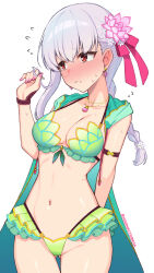 Rule 34 | 1girl, armlet, bare shoulders, bikini, blush, bracelet, braid, braided ponytail, breasts, cleavage, collarbone, earrings, fate/grand order, fate (series), flower, frills, green bikini, green vest, hair flower, hair ornament, hair ribbon, hood, hooded vest, hoodie, jewelry, kama (fate), kama (swimsuit avenger) (fate), kama (swimsuit avenger) (second ascension) (fate), kouzuki tsubasa (musou kaidou), large breasts, long hair, looking to the side, lotus, navel, necklace, pendant, red eyes, ribbon, solo, swimsuit, thighs, vest, white hair