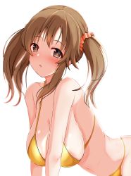 Rule 34 | 1girl, absurdres, bikini, blush, breasts, brown eyes, brown hair, commentary request, gold bikini, hair ornament, hair scrunchie, hanging breasts, highres, idolmaster, idolmaster cinderella girls, large breasts, leaning forward, looking at viewer, navel, open mouth, raindrop746079, red scrunchie, scrunchie, simple background, solo, stomach, string bikini, swimsuit, totoki airi, wet, white background, yellow bikini