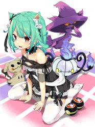Rule 34 | 1girl, absurdres, animal ears, black dress, cat ears, cat girl, chain, chandelure, creatures (company), crossover, detached collar, dress, artistic error, extra ears, flat chest, full body, game freak, gen 4 pokemon, gen 5 pokemon, gen 7 pokemon, green hair, highres, hololive, luxury ball, mimikyu, mismagius, nintendo, no shoes, off-shoulder dress, off shoulder, open mouth, poke ball, pokemon, pokemon (creature), red eyes, sitting, smile, thighhighs, tries, uruha rushia, uruha rushia (3rd costume), virtual youtuber, wariza, wrong foot