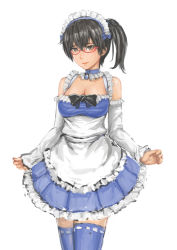 Rule 34 | 10s, 1girl, alternate costume, bespectacled, blue thighhighs, breasts, brooch, brown eyes, brown hair, choker, cleavage, detached sleeves, dress, enmaided, glasses, jewelry, kaga (kancolle), kantai collection, lips, maid, medium breasts, red-framed eyewear, short hair, side ponytail, smile, solo, sturmjaeger (daybreaks0), thighhighs, zettai ryouiki
