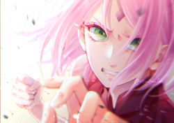 Rule 34 | 1girl, bad id, bad pixiv id, blurry, blurry foreground, clenched teeth, floating hair, green eyes, hair between eyes, haruno sakura, long hair, looking at viewer, naruto (series), naruto shippuuden, pink hair, portrait, solo, t0m0mile, teeth, twitter username, white background