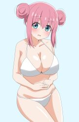 Rule 34 | 1girl, bikini, blue eyes, blush, bocchi the rock!, breasts, cleavage, collarbone, commentary request, cowboy shot, dars (recolors), double bun, eyes visible through hair, gotoh hitori, hair between eyes, hair bun, hair over eyes, highres, large breasts, long hair, looking at viewer, parted lips, pink hair, sidelocks, solo, swimsuit, white bikini