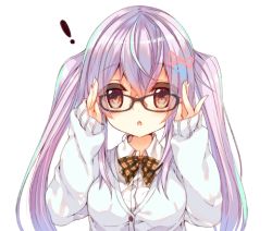 Rule 34 | !, 1girl, :o, adjusting eyewear, black-framed eyewear, bow, bowtie, brown eyes, cardigan, glasses, hair ornament, long sleeves, open mouth, original, p19, parted lips, purple hair, shirt, simple background, sleeves past wrists, solo, twintails, white background, white shirt, yellow bow, yellow bowtie
